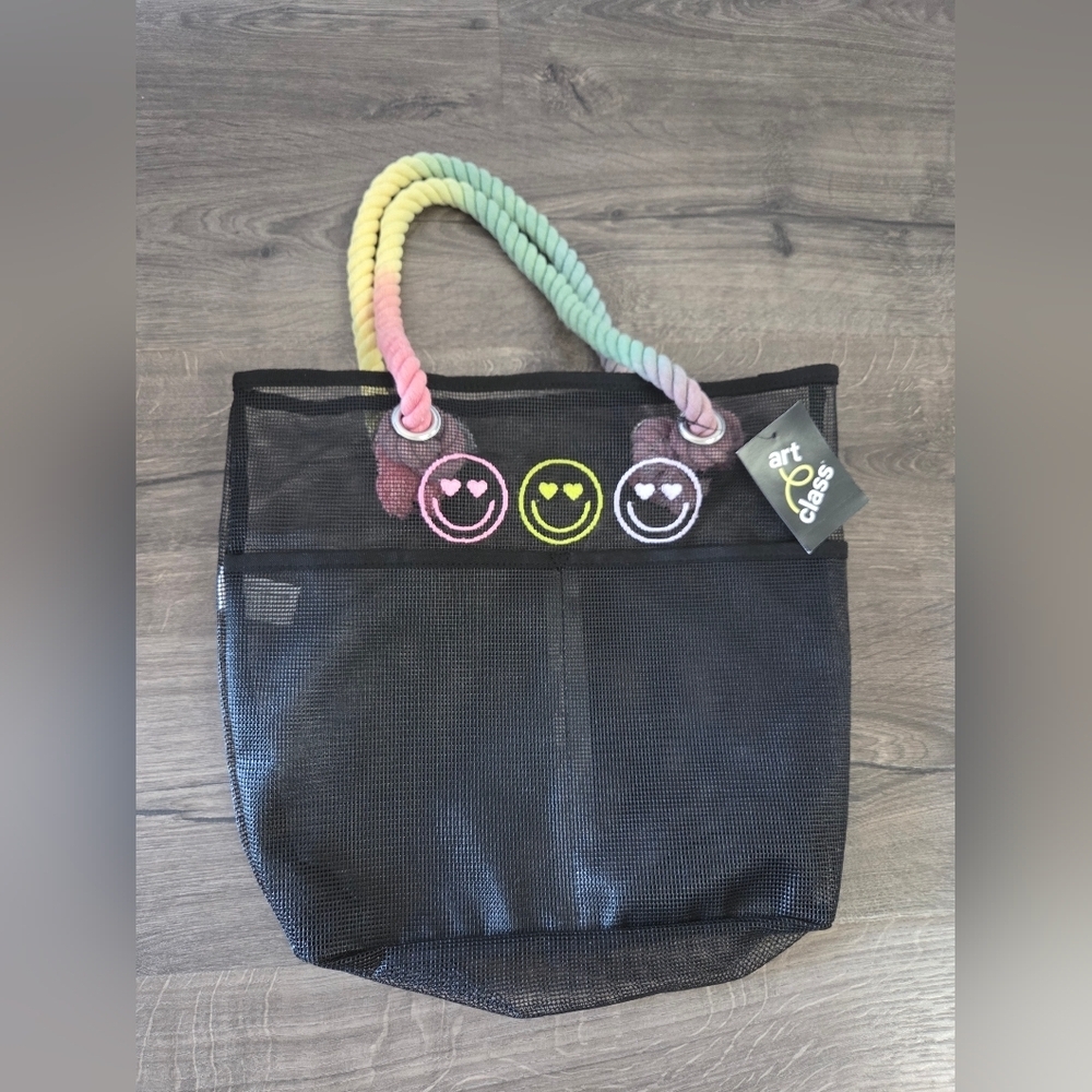 Art Class Girls Black Mesh Tote with Multicolor Handles NWT